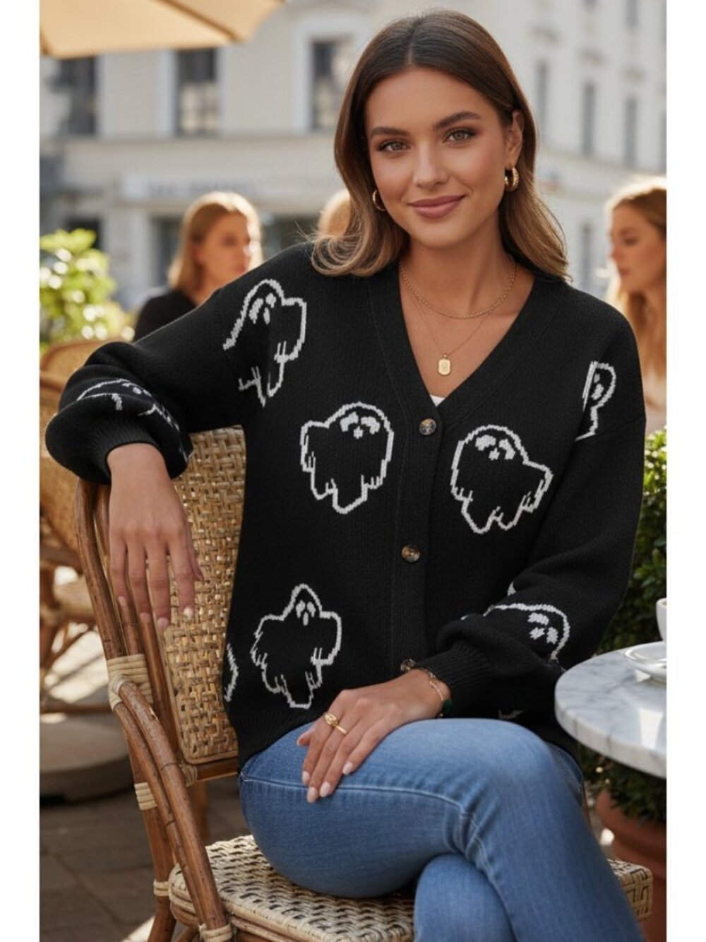 Contrast Knit Spooky Ghost V-Neck Button Front Cardigan Halloween Long Sleeve